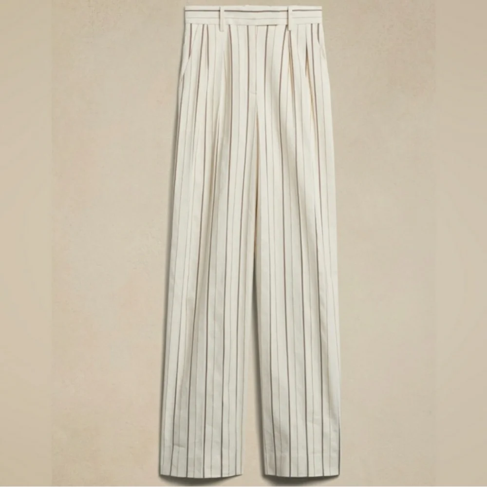 Banana Republic Wide Leg Linen Blend Cream Striped Trousers Size 10p